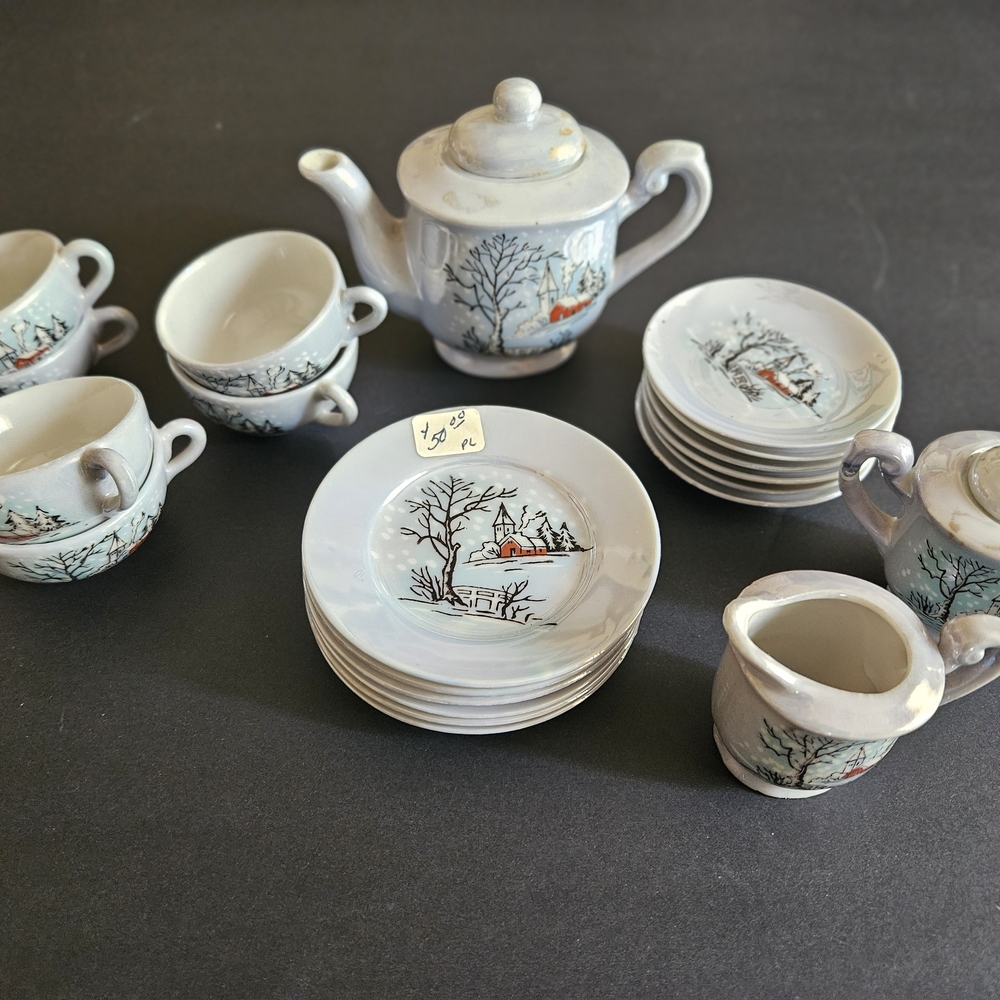 1940s Lusterware Occupied Japan Winter Church Miniature Ceramic Tea Set
